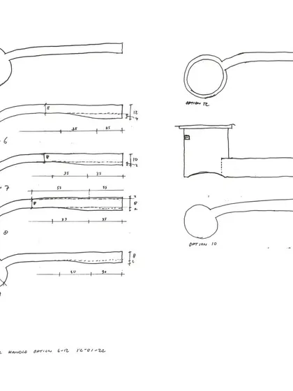 Early design sketches for the custom door handles. This exploration of form and proportion is a critical first step in our process of creating unique, project-specific details.