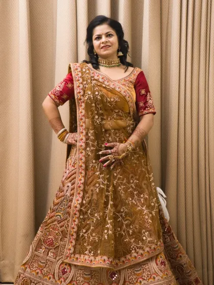 Another full-length shot of the lehenga, this time with a softer pose. I provide multiple options to best showcase the outfit.
