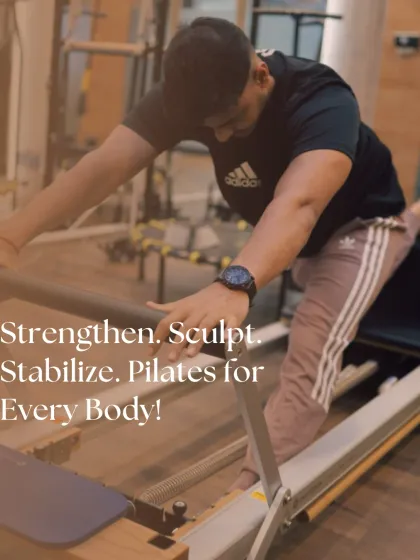 Strengthen, sculpt, and stabilize. This client is performing a lunge variation on the reformer, an exercise that builds leg strength and requires a stable core to execute correctly.
