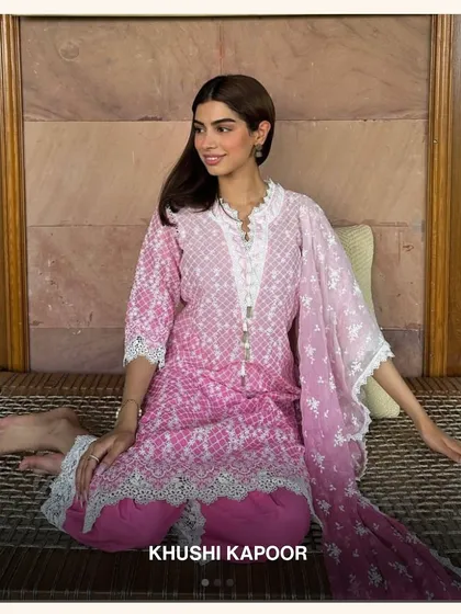 Khushi Kapoor looking effortlessly chic in the Venna Kurta Set. This celeb favorite is now on sale.
