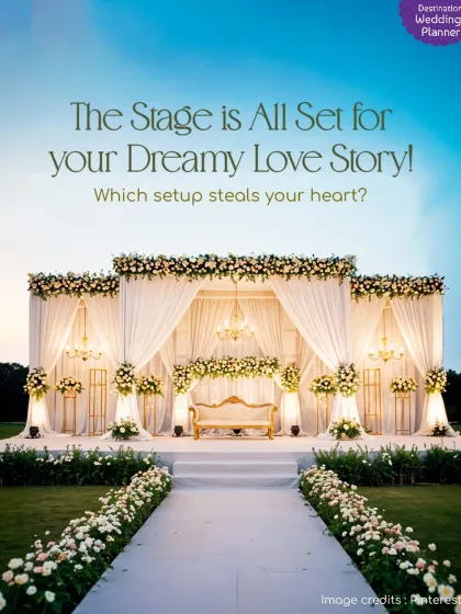 A breathtaking, all-white stage setup with elegant draping, chandeliers, and a floral-lined aisle. This classic and timeless design creates an atmosphere of pure sophistication.