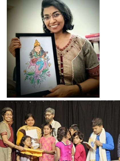 A collage celebrating the conclusion of a successful 6-month course, including a beautiful painting of Mata Saraswati gifted to us by a student, a true blessing!