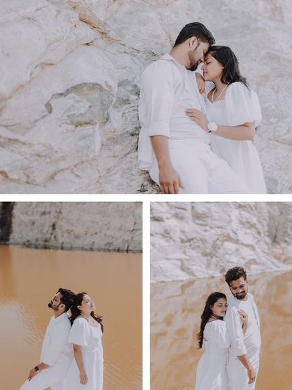 A collage of a couple in white outfits, sharing close and romantic moments by the water at a quarry.