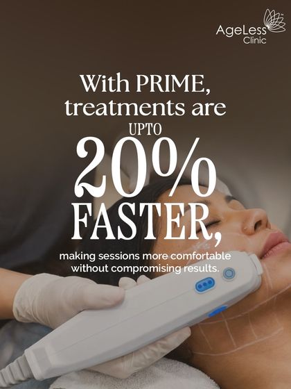 Technology should improve both results and comfort. The new Ultherapy PRIME system is up to 20% faster, making the skin tightening session more comfortable without compromising the quality of the lift. This image shows the handpiece delivering precise energy for a superior experience.