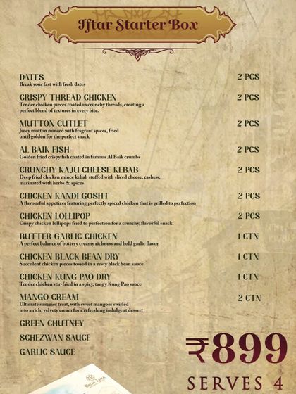 The menu card for the Iftar Starter Box, highlighting items like Crispy Thread Chicken, Mutton Cutlet, and Crunchy Kaju Cheese Kebab.