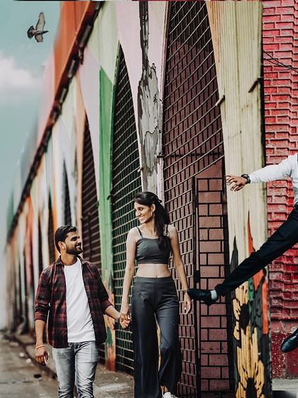 A vibrant and energetic collage from a Mumbai pre-wedding shoot, capturing the couple's fun-loving personalities.