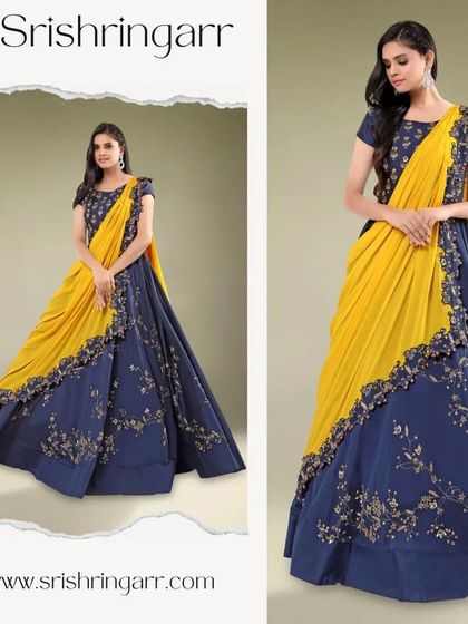 Rent our fabulous blue and yellow draped gown for your special occasions. This unique silhouette is sure to make you stand out from the crowd.