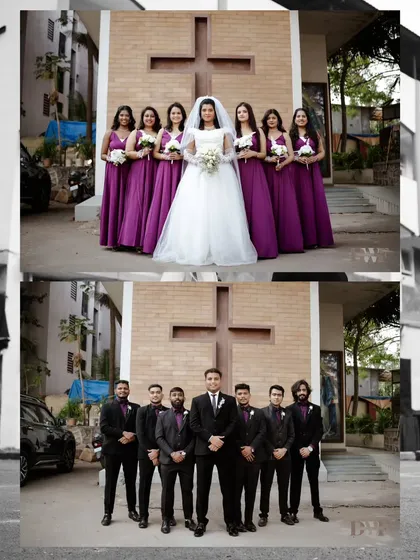A collage of the bride with her bridesmaids in purple and the groom with his groomsmen in black. These are the essential portraits with the wedding party.