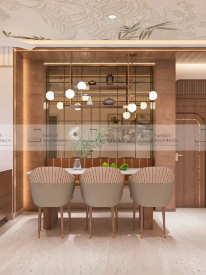 This dining area features a cozy booth-style seating arrangement against a wood-paneled wall. The modern pendant lights and mirrored back panel add a touch of contemporary style.