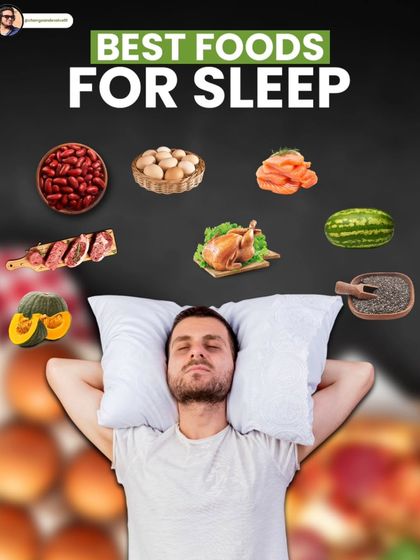 This graphic lists the best foods for sleep, including eggs, wild-caught salmon, watermelon, and pumpkin seeds.