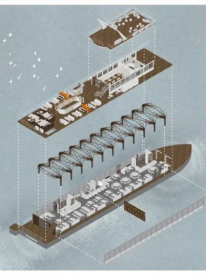 An exploded axonometric drawing of the Queensline Sea Yah. This technical illustration deconstructs the boat's four levels, revealing the spatial arrangement of the banquet halls, open-air bar, VIP lounge, and structural elements.