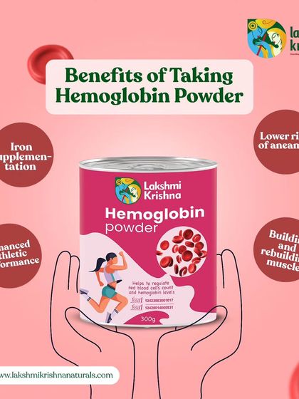 A summary of the key benefits of our Hemoglobin Powder. It provides iron supplementation, enhances athletic performance, lowers the risk of anemia, and helps in building muscle.