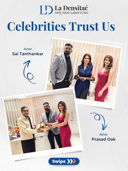 This collage showcases some of the celebrities, like actors Sai Tamhankar and Prasad Oak, who trust my clinic for their hair and skin needs. Their trust is a testament to the quality of care I provide.