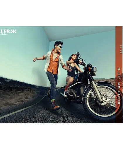 This dynamic shot for Killer Jeans captures a story in motion. The styling for both models is edgy and casual, fitting the 'High on Life' road trip narrative and the brand's youthful energy.