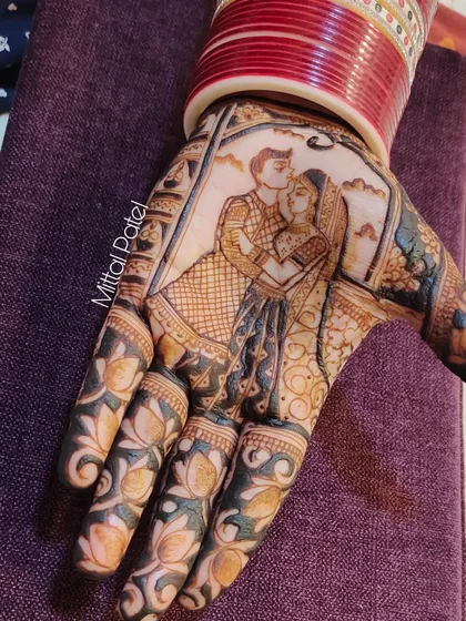 A close up of a Karwa Chauth portrait, showing the fine details in the couple's clothing and the delicate lotus patterns on the fingers.