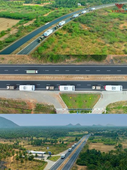We use top-down and wide-angle drone shots to illustrate the impressive length and coordination of truck convoys for Varsha Logistics, providing a clear view of their operational capacity.