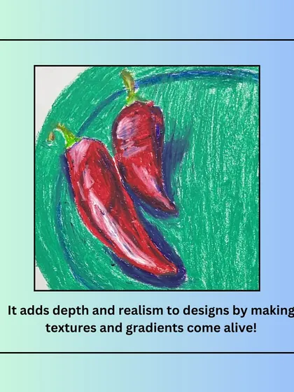 Blending with oil pastels adds depth and realism, making textures and gradients come alive, as seen in this vibrant drawing of red chilies.