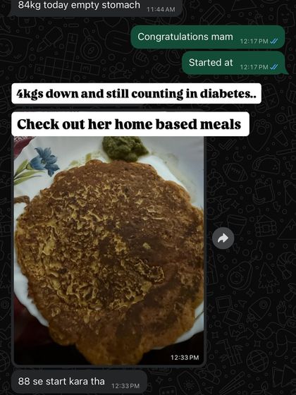 4 kgs down and still counting, even with diabetes. This client started at 88 kg and is seeing great results with home-based meals designed to manage her condition.