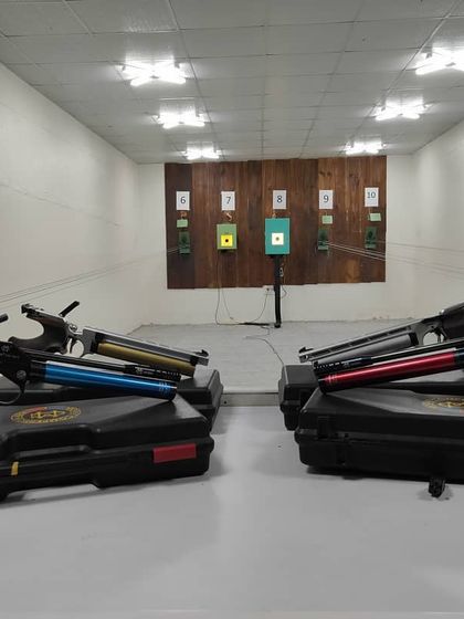 Our range prepared for a 10m Air Pistol training session. Multiple shooting lanes allow for group practice and simulated competition environments.
