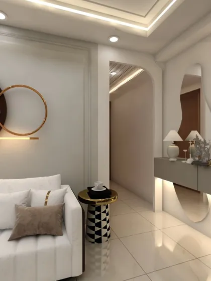 This image highlights a tranquil corner of a living room, featuring a console table with a Buddha statue for a serene vibe. The design seamlessly blends modern aesthetics with spiritual elements.