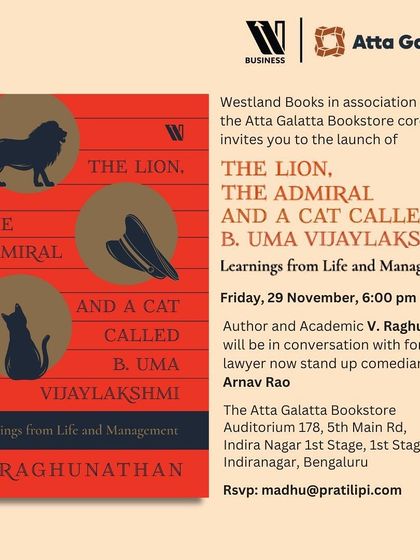 Poster for the book launch of 'The Lion, The Admiral, and a Cat Called B. Uma Vijaylakshmi'.