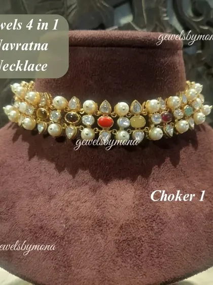 This is the first choker configuration of my 4-in-1 Navratna piece. It features the nine celestial gemstones set amongst pearls, creating a vibrant and meaningful statement.
