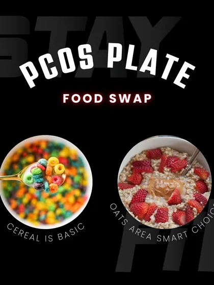 Sugary breakfast cereals can be problematic for PCOS. I recommend a smart swap to oats with berries. Oats provide slow-release energy and fiber, helping to stabilize blood sugar levels right from the start of your day.