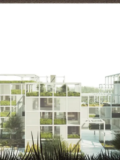 The view from within one of the landscaped courtyards of Pixel Housing, looking up at the green-clad residential blocks.