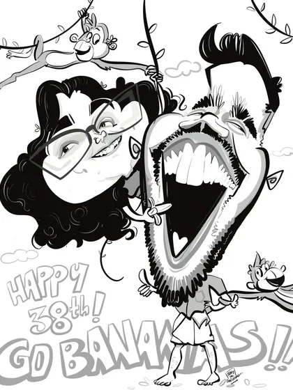 A black and white line art caricature created for a 38th birthday with a "Go Bananas" theme. This style is great for a clean, fun look and can be used for invitations or party decor.
