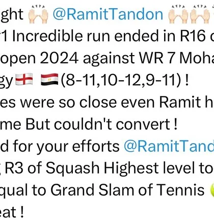 A summary of Ramit Tandon's incredible fight against the World Rank 7 player in the Egyptian Open. Reaching this level in a top-tier tournament is a massive achievement.