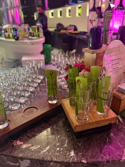 A display of our Japanese-inspired mocktails. The glasses are garnished with lemongrass, showcasing our use of fresh, botanical ingredients to create complex and refreshing non-alcoholic options.