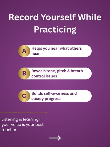Why should you record your practice? This image details the benefits: it helps you hear what others hear, reveals issues with tone and pitch, and builds self-awareness for steady progress.
