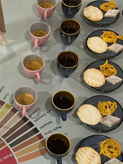 A top-down view of the coffee and sweets pairing. We use both black coffee and milk coffee to show how milk changes the pairing dynamics.