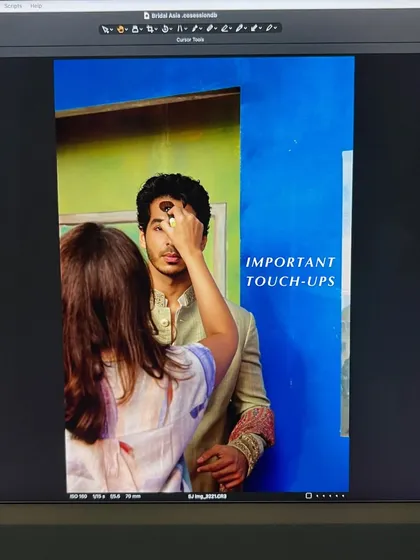 Important touch-ups are a constant part of my job on set. Here I am making sure Ishaan's makeup is absolutely perfect for his close-up during the Bridal Asia shoot.