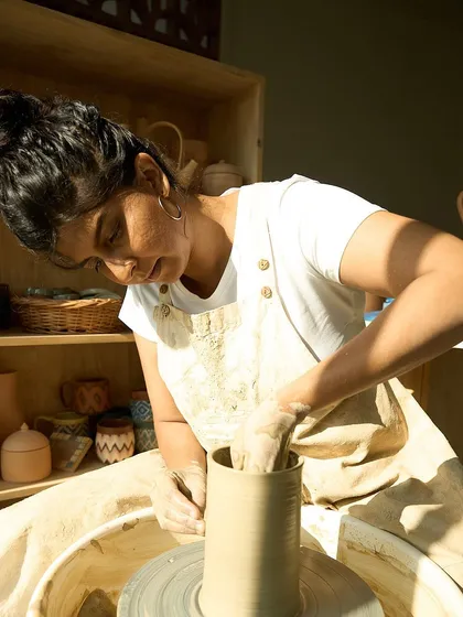 Here I am at my wheel, where most of my ideas take shape. This studio is my creative space, and every piece that comes out of it has been shaped by my own two hands.