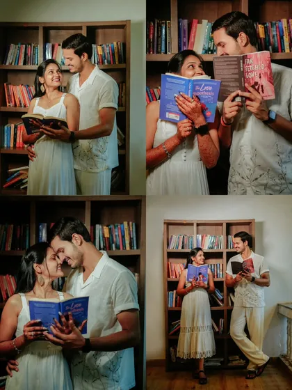 A collage capturing the essence of a library-themed pre-wedding shoot. It shows Suchita and Om Prakash in various playful and romantic poses among the bookshelves.