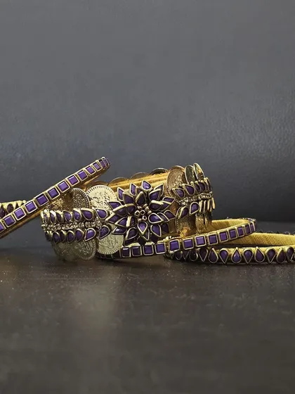 Detailed shots of the purple silk thread bangle set, highlighting the intricate kundan and coin work from every perspective.