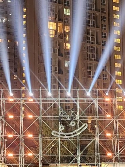 A closer look at the unique smiley-face stage design for a Sunburn festival event. This demonstrates our ability to integrate creative and thematic elements directly into the core scaffolding structure.