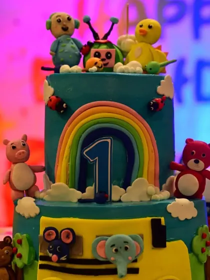 The centerpiece of the Cocomelon party: a detailed, two-tier themed cake. We work with top bakers to provide cakes that are not only delicious but also a visual highlight of the celebration.