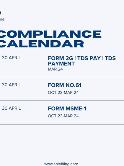 April 30th is a major deadline day. Make sure to complete your TDS payments, and file Form 2G, Form No. 61, and Form MSME-1 to avoid any last minute rush or penalties.