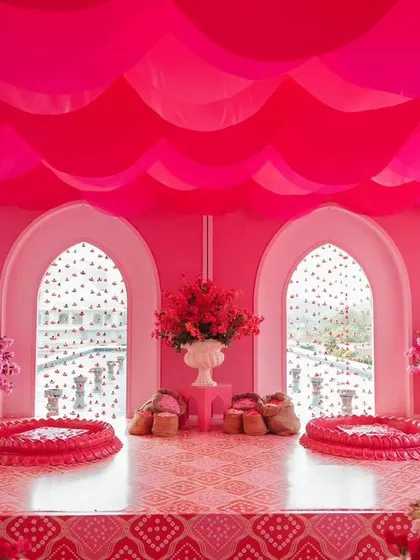 Who says a Haldi has to be yellow? For a bride who wanted something different, I designed this 'Gulabi Haldi' using monochromatic shades of pink, from the decor and florals to the seating, creating a bold and unconventional look.