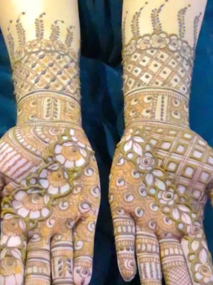 A beautiful and dense design with white henna accents. The patterns are so intricate and cover the hands completely.