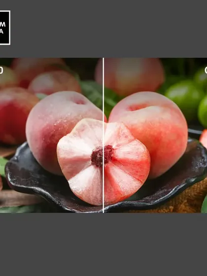 This image clearly demonstrates the difference a high CRI makes. The image on the right, lit with our CRI 97 lighting, shows fruits with vibrant, true-to-life colors, while the standard CRI 80 light on the left appears dull and washed-out.