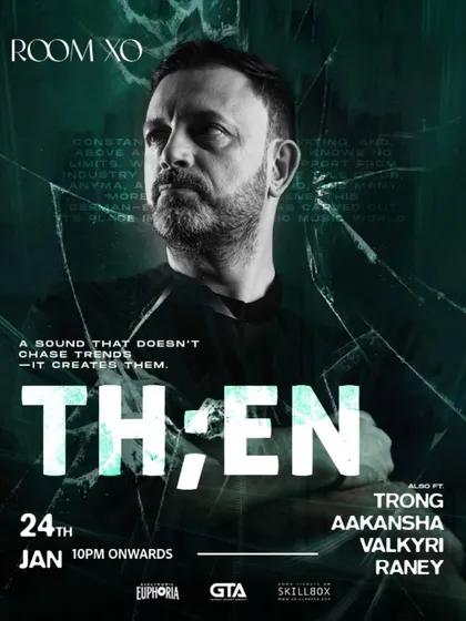 A poster for a melodic techno night featuring TH;EN, with a "sound that creates trends" tagline.