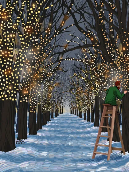 An artist can bring light to the darkest of places. Here, I show Vincent on a ladder in a snowy, barren forest, painstakingly painting stars onto the trees. This piece is about the act of creating hope and beauty, transforming a cold and empty landscape into a pathway of light for others to follow.