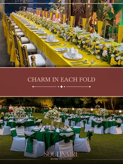 A vibrant and cheerful outdoor setup with long tables dressed in yellow and adorned with white and yellow floral arrangements. We bring charm and elegance to every fold and flower.