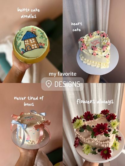 This collage shows some of my favorite designs, including a bento cake with a doodle, a heart-shaped floral cake, a cake with bows, and another with fresh flowers.