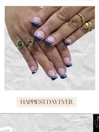 A graphic celebrating a "Happiest Day Ever" with a stylish navy blue French manicure.