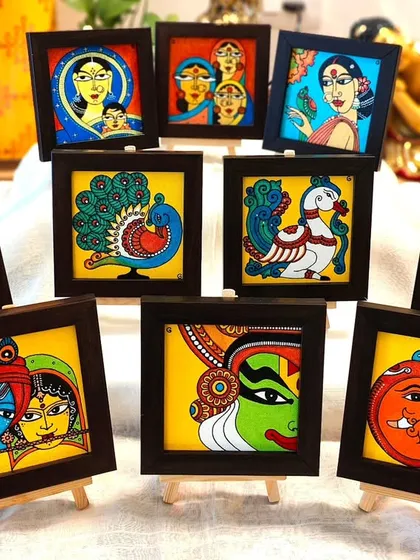 I call these my 'Mini Beauties' or *Azhagu* paintings. These small 5x5 inch tabletop pieces, each with its own easel, are perfect for brightening up a small corner or for giving as a thoughtful, handmade gift for any occasion.