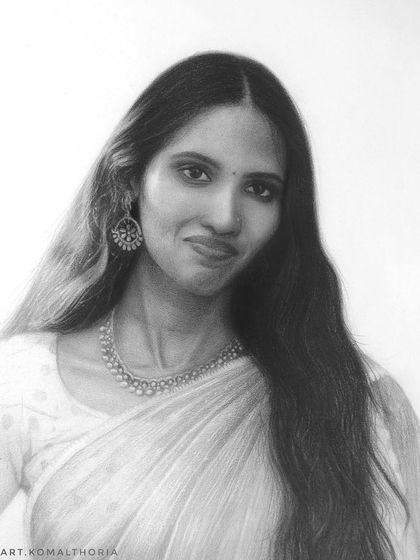 This is a commissioned portrait of Lavanya, whose name means grace. I aimed to capture her quiet elegance, from her expressive eyes to the intricate details of her jewelry.